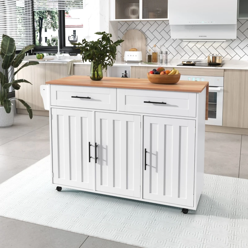 Grande ilha de cozinha com tampo extensível dobrável, 5 rodízios (2 com travão) , 129x46/71x91,5 cm, Branco+Cor natural