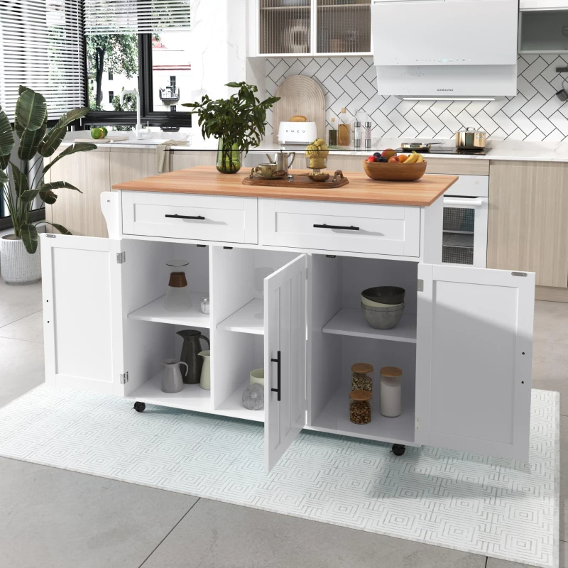Ilha de cozinha com 5 rodízios, tampo dobrável extensível, 129x46/71x91,5 cm, Branco+Cor natural