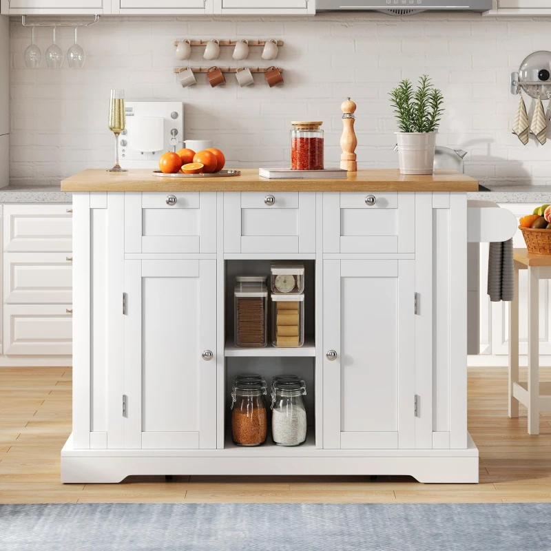 Ilha de cozinha móvel com tampo dobrável, três gavetas e dois compartimentos de armário, 132x40/70x87 cm, Branco