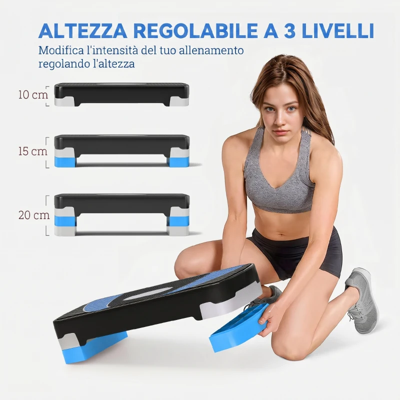 HOMCOM Step Fitness per Aerobica Antiscivolo e Regolabile su 3 Altezze, in PP, 80x31x20 cm, Blu e Nero