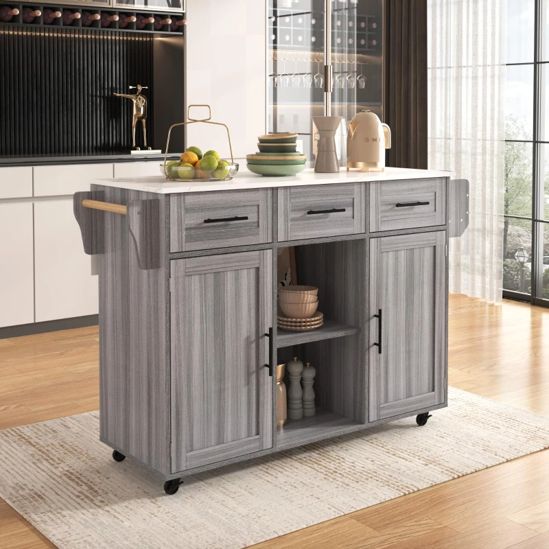 Grande ilha de cozinha com 3 gavetas, portas de arrumação, prateleiras ajustáveis e suporte para toalhas, 139x46/71x91,5 cm, Cinzento