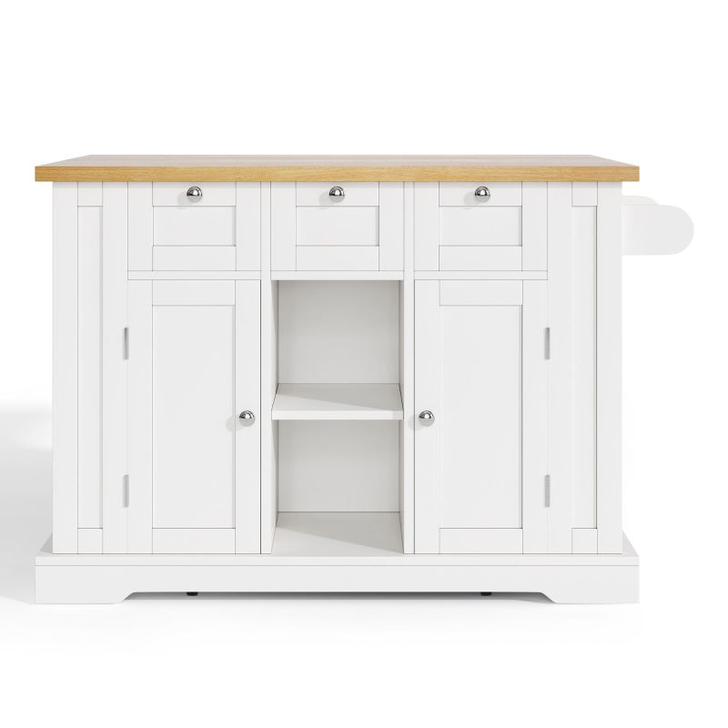 Ilha de cozinha móvel com tampo dobrável, três gavetas e dois compartimentos de armário, 132x40/70x87 cm, Branco