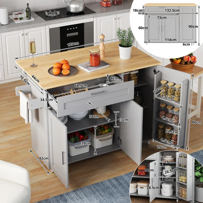 Mesa de cozinha móvel com tampo de trabalho dobrável, gaveta, prateleira para especiarias, suporte para toalhas, 132,5x44/70x90 cm, Cinzento