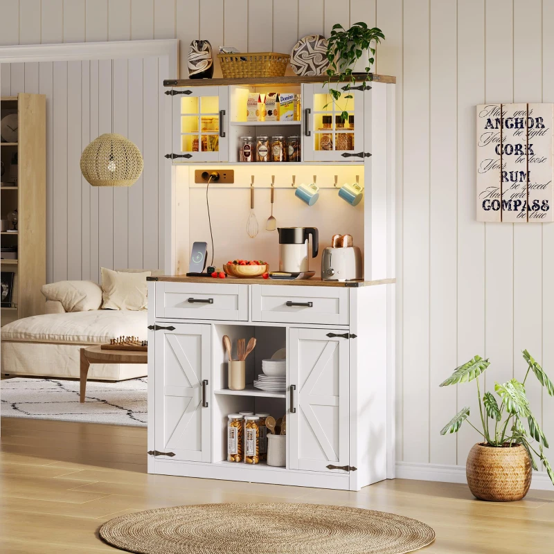 Armário de bar com design de porta de celeiro, iluminação LED ajustável, 100x40x172 cm, Castanho+Branco