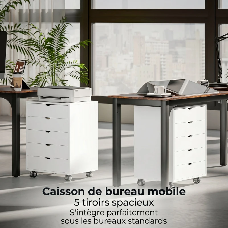 HOMCOM Caisson bureau mobile avec 5 tiroirs, meuble rangement bureau à roulettes pour documents A3/Lettre/A4, blanc
