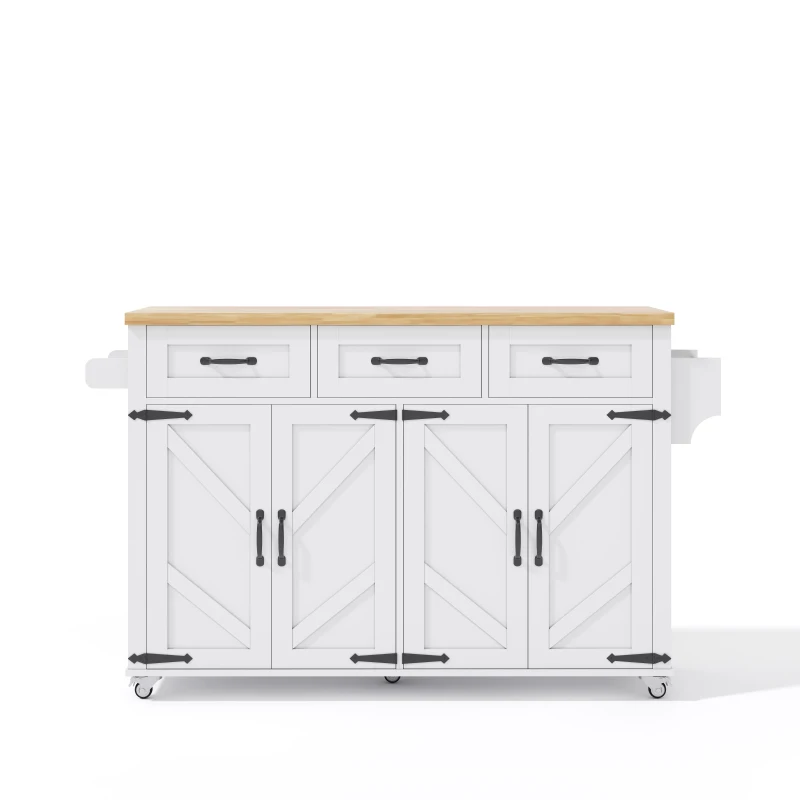 Ilha de cozinha com bancada rebatível, 4 portas, 3 gavetas, suportes duplos para toalhas, design estilo celeiro, 140x43/70x90,5 cm, Branco+Cor natural
