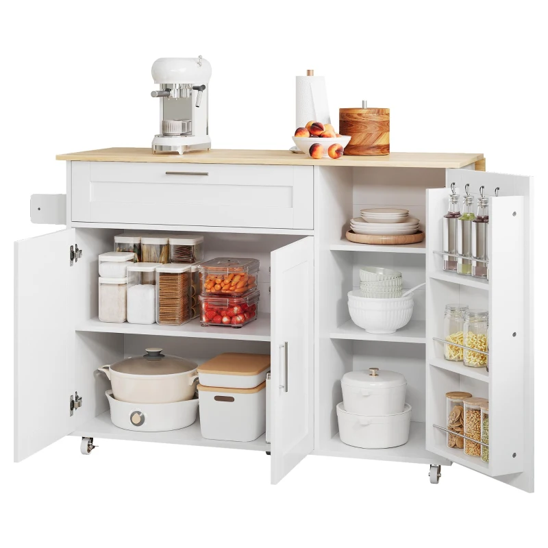 Mesa de cozinha móvel com tampo de trabalho dobrável, gaveta, prateleira para especiarias, suporte para toalhas, 132,5x44/70x90 cm, Branco+Cor natural