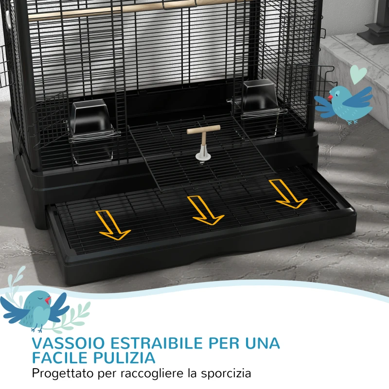 PawHut Gabbia per Uccelli con Vassoio Estraibile e Posatoi, Voliera per Pappagalli, 61x36.5x98cm, Nero