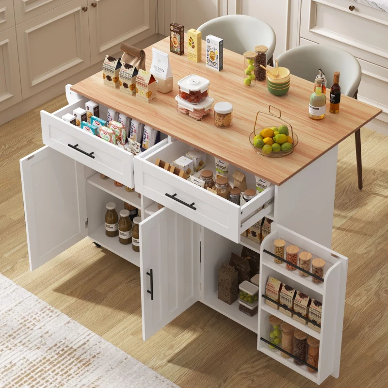 Grande ilha de cozinha com tampo extensível dobrável, 5 rodízios (2 com travão) , 129x46/71x91,5 cm, Branco+Cor natural