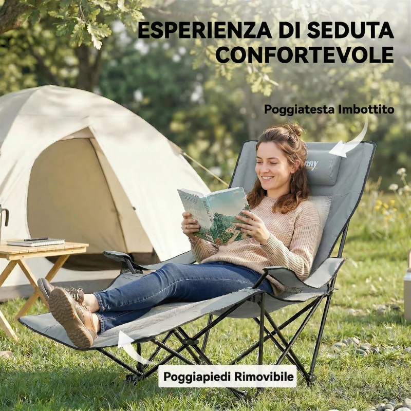 Outsunny Set da 2 Sedie da Campeggio Pieghevoli Reclinabili con 4 Posizioni, Poggiapiedi Rimovibile e Portabicchiere, 165x80x90 cm, Grigio