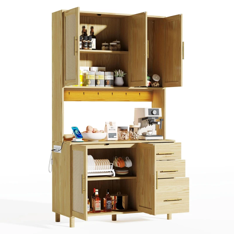 Móvel de cozinha com acabamento em rattan trançado e puxadores metálicos dourados, luzes LED decorativas, 100x40x183 cm, Cor natural
