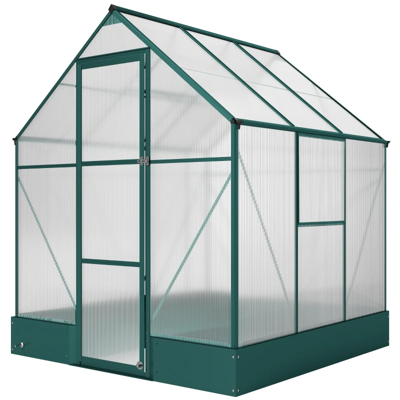 Outsunny 6x6 FT Polycarbonate Greenhouse with Base and Raised Bed, Walk-in Greenhouse with Aluminium Frame, Temperature Controlled Window, Foundation for Plants, Flowers, Vegetable