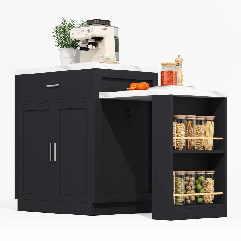Ilha de cozinha com mesa de jantar extensível, armário de arrumação, 2 gavetas, 2 prateleiras laterais abertas, 211x55x89,5 cm, Preto