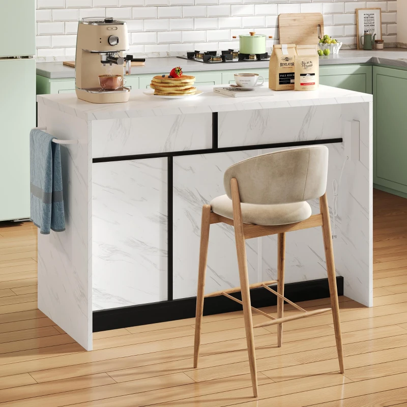Ilha de cozinha com balcão de bar, com 2 gavetas e 3 portas, puxadores metálicos, suporte para toalhas, 120x60x91 cm, Preto