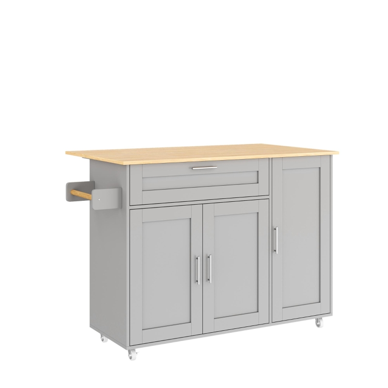 Mesa de cozinha móvel com tampo de trabalho dobrável, gaveta, prateleira para especiarias, suporte para toalhas, 132,5x44/70x90 cm, Cinzento
