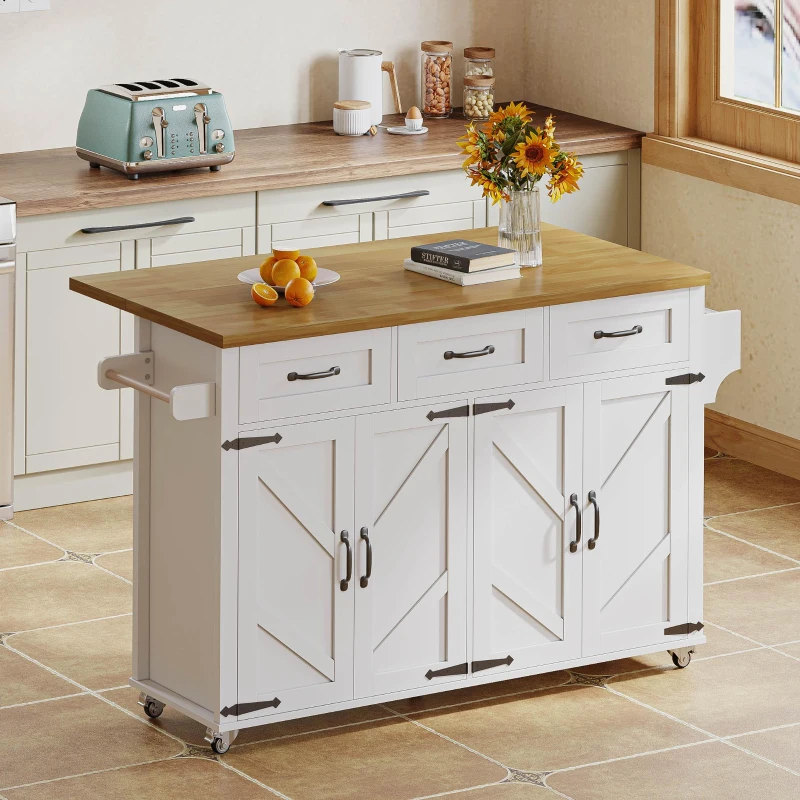 Ilha de cozinha com bancada rebatível, 4 portas, 3 gavetas, suportes duplos para toalhas, design estilo celeiro, 140x43/70x90,5 cm, Branco+Cor natural