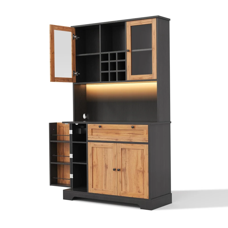 Coluna de cozinha com vitrine, cinco portas, uma gaveta, prateleiras ajustáveis, 105x40x180 cm, Cor natural
