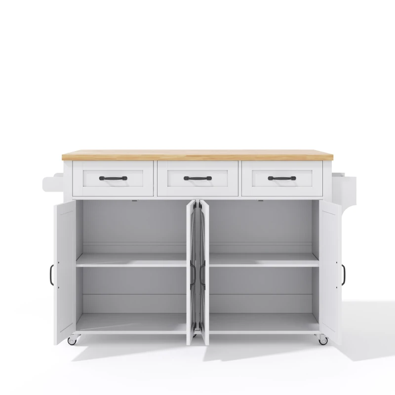 Ilha de cozinha com bancada rebatível, 4 portas, 3 gavetas, suportes duplos para toalhas, design estilo celeiro, 140x43/70x90,5 cm, Branco+Cor natural