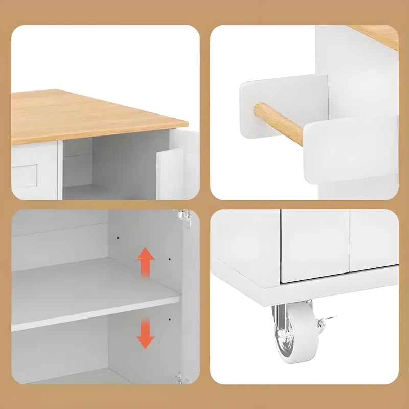 Mesa de cozinha móvel com tampo de trabalho dobrável, gaveta, prateleira para especiarias, suporte para toalhas, 132,5x44/70x90 cm, Branco+Cor natural