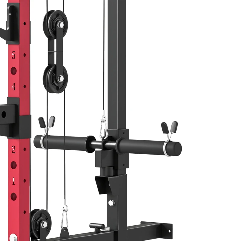 SPORTNOW Station de Musculation Pliable 700 kg Hauteurs Réglables avec Poulies Doubles, Supports de Barre, 184x123x209cm, Rouge