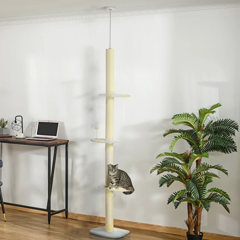 PawHut Árbol para Gatos de Suelo a Techo con Altura Ajustable  Poste de Sisal y Bola para Jugar 47x34x220-260 cm Crema
