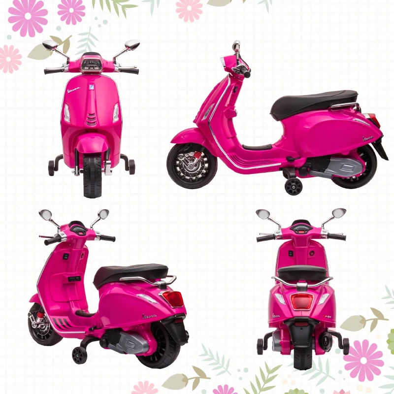 AIYAPLAY Motocicletă electrică pentru copii cu licență Vespa, roți ajutătoare, far și muzică, PP și metal, 107x47x73 cm, Roz