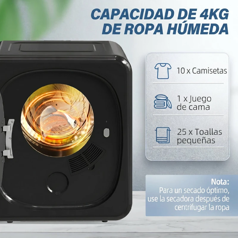 HOMCOM Secadora de Evacuación 4 kg 800W Función Antiarrugas Función Esterilizar 5 Programas Carga Frontal 48x40x56 cm Negro