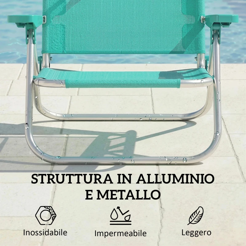 Outsunny Sedia da spiaggia pieghevole a 6 posizioni con tendalino, 62x68x79 cm, Turchese