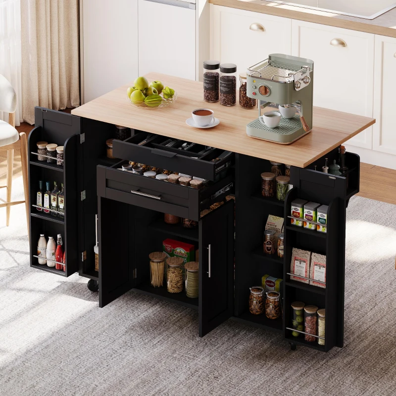 Ilha de cozinha móvel com gaveta oculta para talheres, prateleiras reguláveis, prateleira para especiarias e suporte para toalhas, 136x45/70x92 cm, Preto+Cor natural