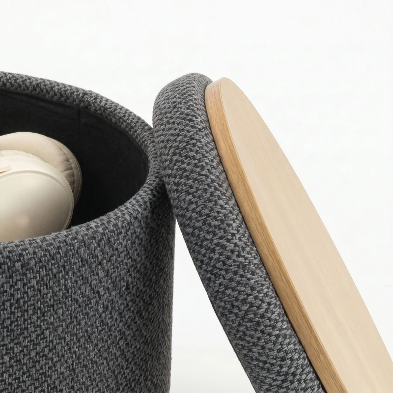 HOMCOM Storage Sitting Bench with Lid, Round Storage Ottoman with Rubberwood Legs, Dark Grey