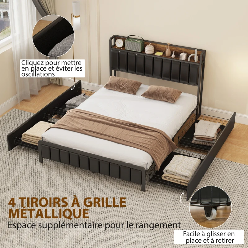 HOMCOM Cadre de lit 140 x 190 cm avec sommier à lattes en métal, lit double rembourré avec 4 tiroirs et étagère, noir