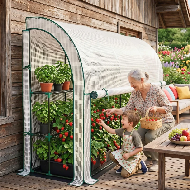 Outsunny Wandmontiertes Gewächshaus, Zugängliches Pflanzenhaus, Kunststoff-Plane, 300 x 80 x 157 cm, Weiß