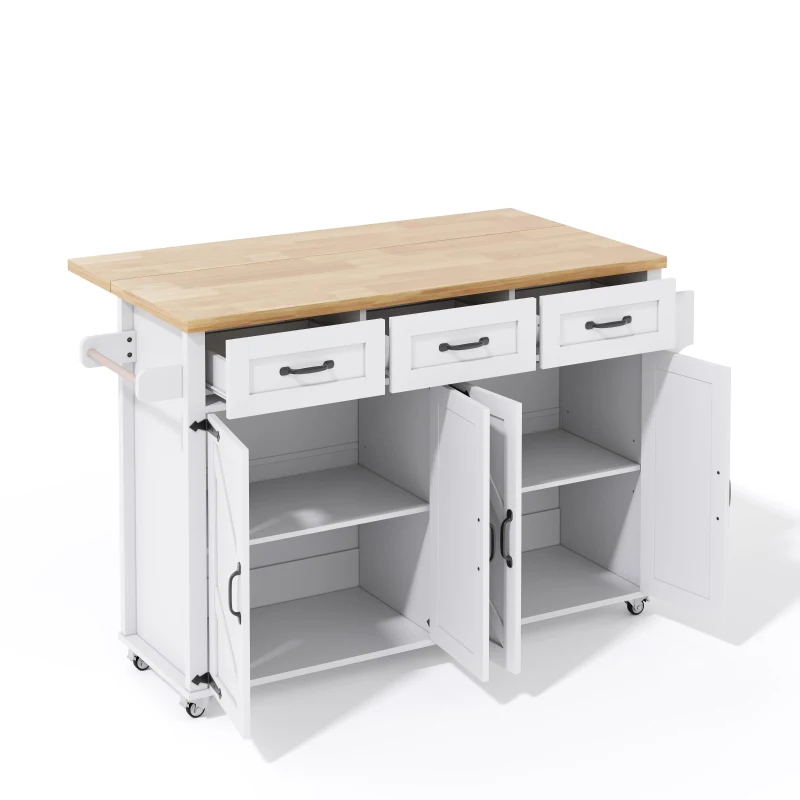 Ilha de cozinha com bancada rebatível, 4 portas, 3 gavetas, suportes duplos para toalhas, design estilo celeiro, 140x43/70x90,5 cm, Branco+Cor natural