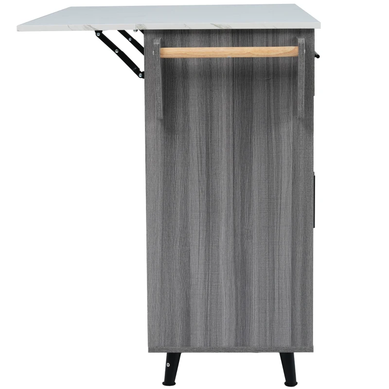 Grande ilha de cozinha com tampo extensível dobrável, 5 rodízios (2 com travão) , 129x46/71x91,5 cm, Cinzento