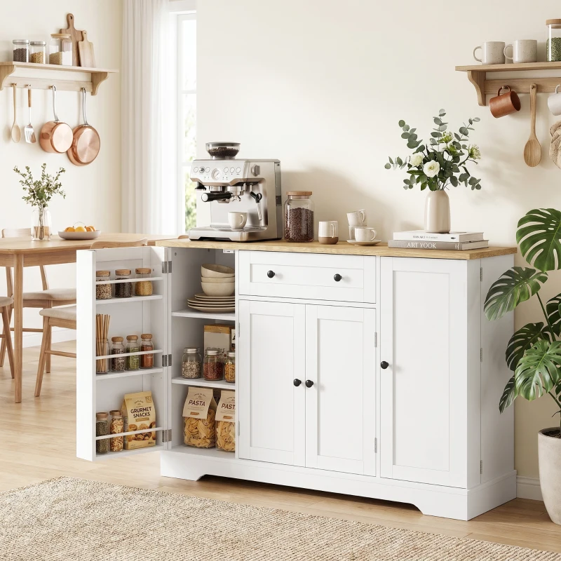 HOMCOM Aparador Armario de Cocina con 4 Puertas Cajón Estante Ajustable Estantes de Puerta para Cocina Comedor 138x40x85 cm Blanco