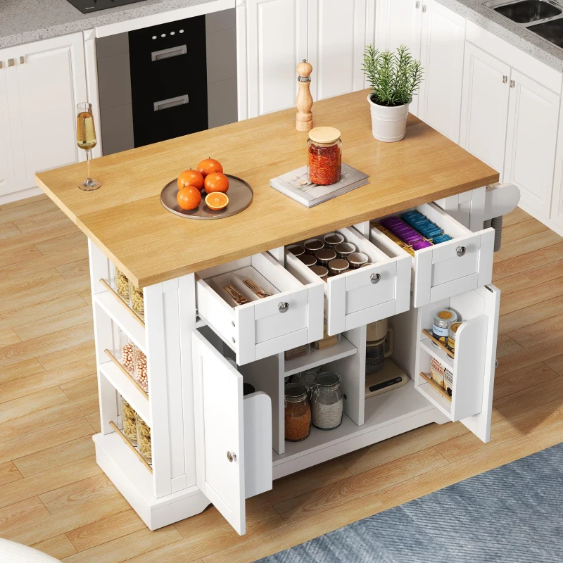 Ilha de cozinha móvel com tampo dobrável, três gavetas e dois compartimentos de armário, 132x40/70x87 cm, Branco