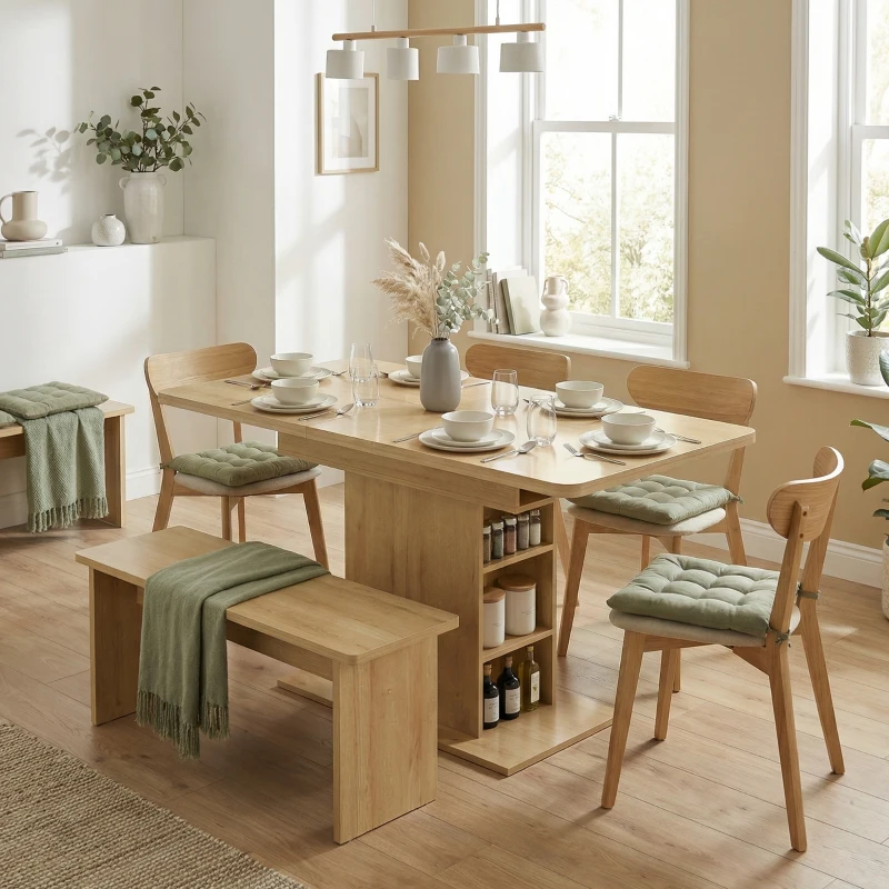 HOMCOM Table à manger extensible rectangle pour 4 à 6 personnes, table de cuisine 110-130 cm, 6 étagères ouvertes, bois naturel