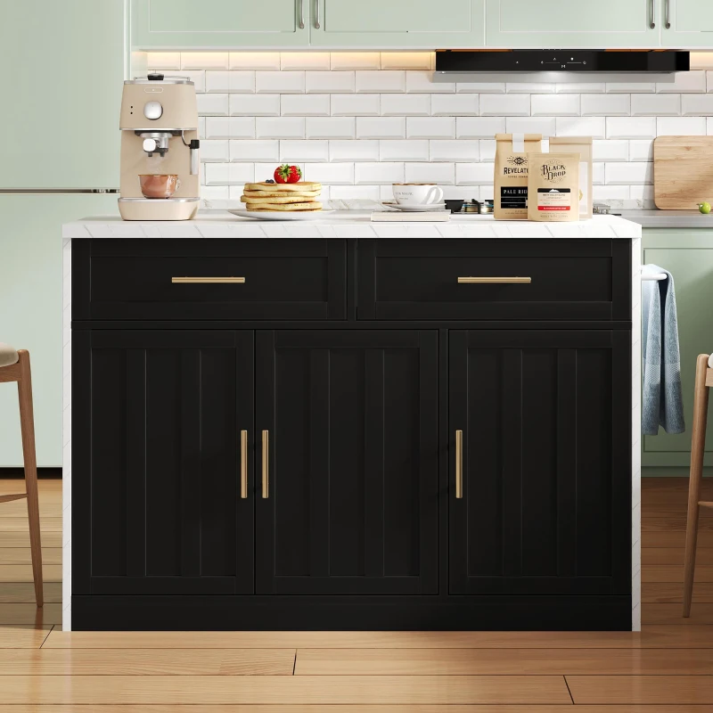 Ilha de cozinha com balcão de bar, com 2 gavetas e 3 portas, puxadores metálicos, suporte para toalhas, 120x60x91 cm, Preto