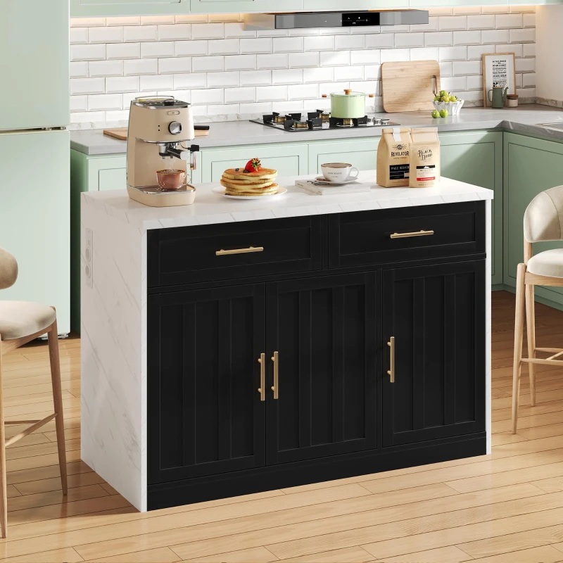 Ilha de cozinha com balcão de bar, com 2 gavetas e 3 portas, puxadores metálicos, suporte para toalhas, 120x60x91 cm, Preto