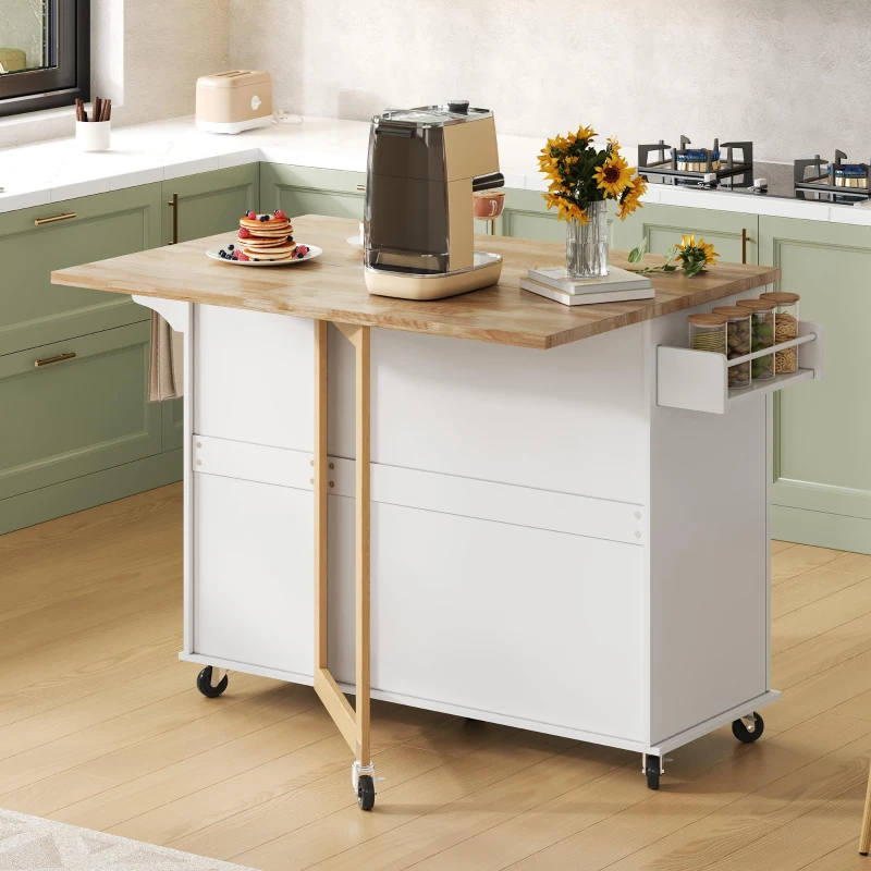 Grande ilha de cozinha móvel,design dobrável, armário multifuncional com 3 gavetas, suporte para toalhas, 137x43/76x92 cm, Branco