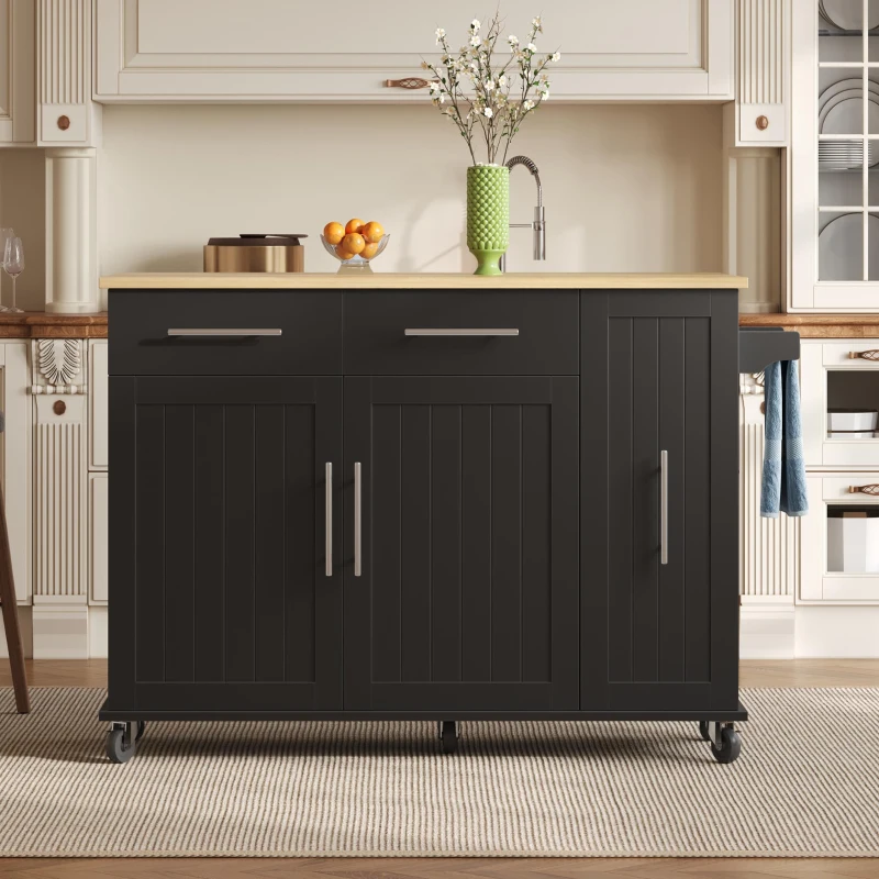 Ilha de cozinha móvel com tampo de trabalho dobrável, organizador extensível para armário de 3 níveis, 120x40/65x90 cm, Preto+Cor natural