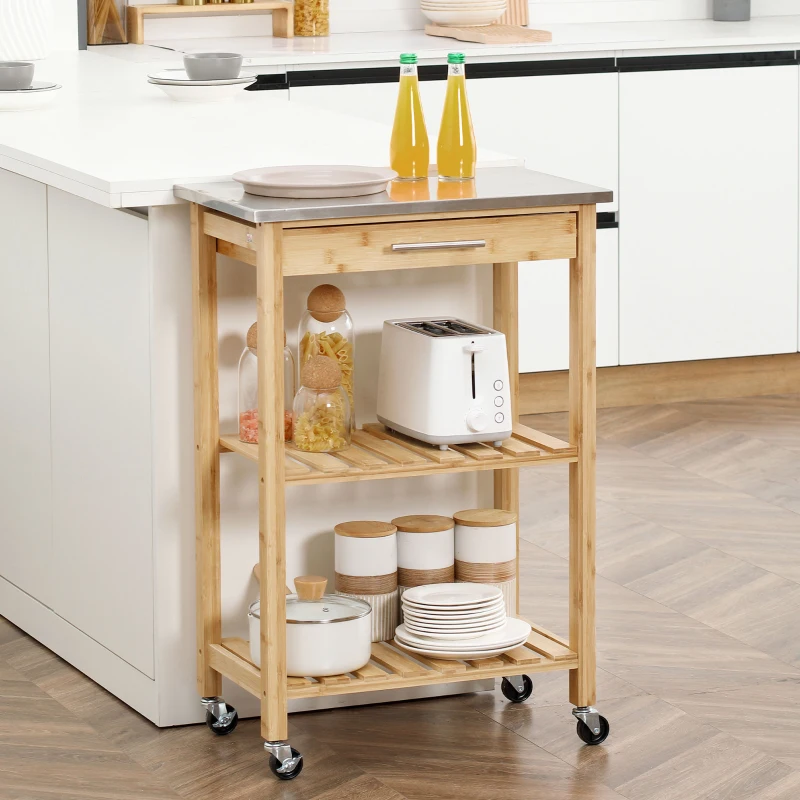 HOMCOM Carrello da Cucina in Bambù con Piano in Acciaio Inox, Cassetto e Mensole a Doghe, Legno