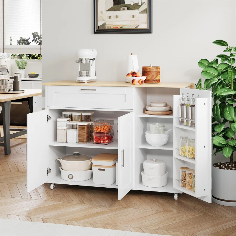 Mesa de cozinha móvel com tampo de trabalho dobrável, gaveta, prateleira para especiarias, suporte para toalhas, 132,5x44/70x90 cm, Branco+Cor natural