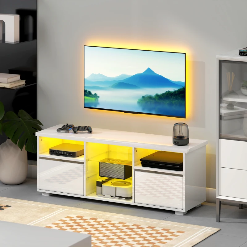 HOMCOM Meuble TV 120 cm, meuble télé pour téléviseur jusqu'à 55 pouces éclairage LED et télécommande étagères en verre blanc