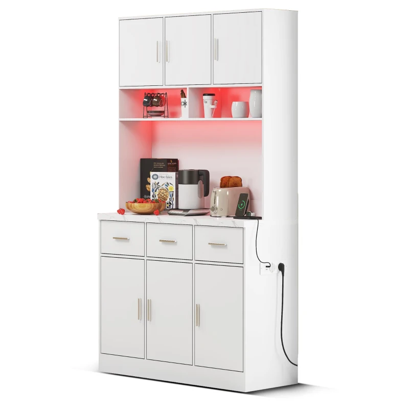 Buffet de cozinha multifuncional, 3 gavetas silenciosas e 6 portas de armário, 100x40x180 cm, Branco
