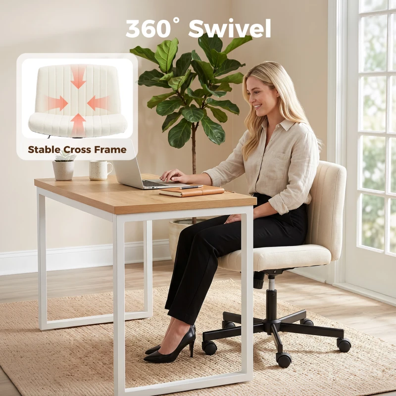 HOMCOM Imitation Linen Criss Cross Legged Desk Chair, Armless Office Chair with Wheels, Green