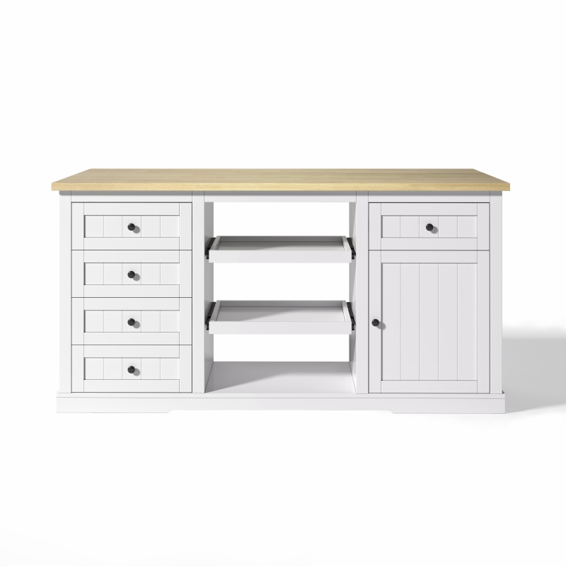 Ilha de cozinha com tampo extensível dobrável, 5 gavetas e 2 prateleiras extraíveis, 150x45/65x75,5 cm, Branco