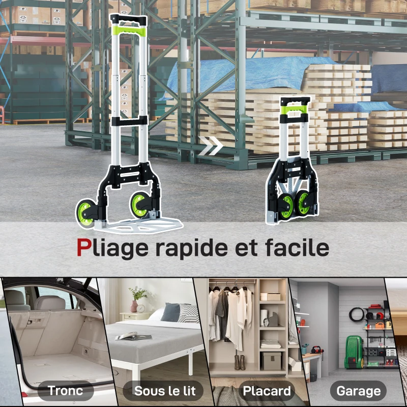 HOMCOM Diable Pliable en Aluminium avec 100 cm Poignée Télescopique, pour Entrepôt, Aéroport, 38,5x41x100cm, Vert