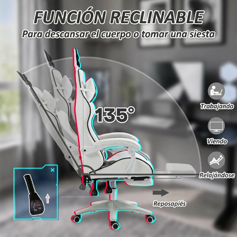Vinsetto Silla Gaming Profesional de Cuero PU con Altura Ajustable Inclinable 135° Reposacabezas 65x63x136-142 cm Negro y Blanco