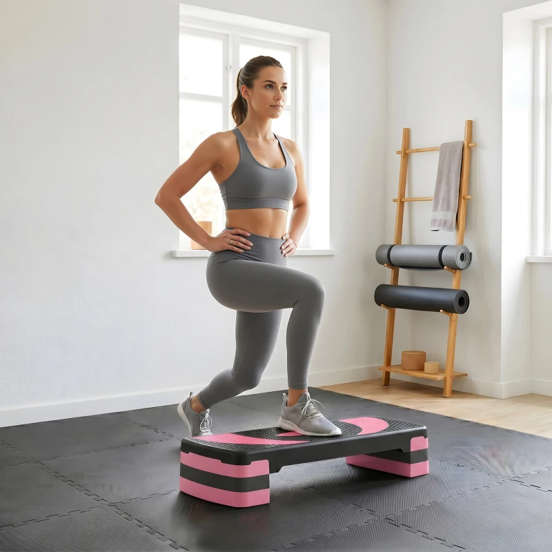 HOMCOM Aerobicsstepper, Verstelbaar, 80 x 31 x 10/15/20 cm, Tot 150 kg, Zwart/Roos/Grijs